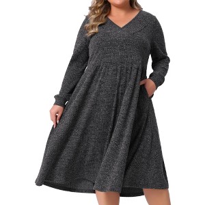 Agnes Orinda Women's Plus Size Ribbed Knit V Neck Long Sleeve Flowy Casual A Line Maxi Dress with Pockets - 1 of 4