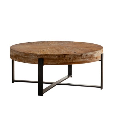 31.29"Modern Retro Splicing Round Coffee Table, Fir Wood Table Top with Black Cross Legs Base