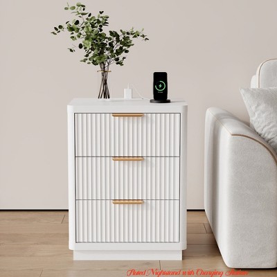 Fluted Nightstand w/ Charging Station, Mid Century Modern Fluted Nightstand, Wooden Night Stand, Modern End Table w/ Curved Corners