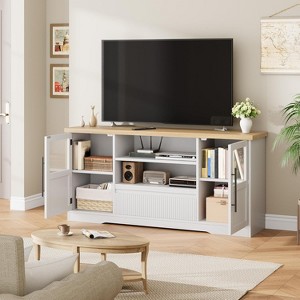 63" Farmhouse TV Stand for TVs Up to 72", Wave Pattern Entertainment Center with 2 Glass Door Cabinets & 2 Open Shelves,for Living Room - 1 of 4