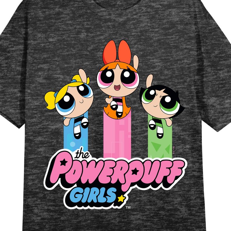 Powerpuff Girls Reboot CHaracters Flying Above Logo Crew Neck Short Sleeve Black Heather Women's Night Shirt, 2 of 3