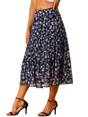 INSPIRE CHIC Women's Floral Elastic Waist Tiered Ruffle Boho Midi Skirts