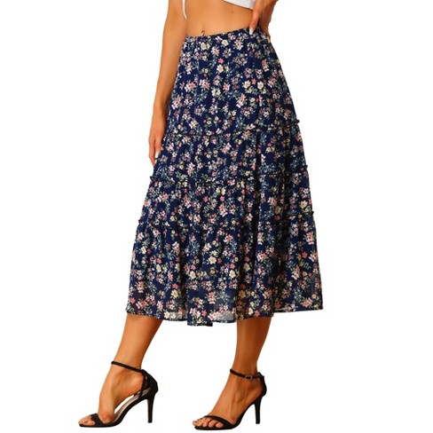 Allegra K Women's Floral Elastic Waist Tiered Ruffle Boho Midi Skirts ...