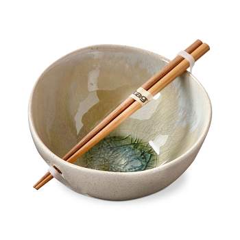 tagltd 16 oz. Montauk Printed Stoneware Noodle Bowl with Bamboo Chop Sticks, 3.9L x 3.9W x 5.0H.