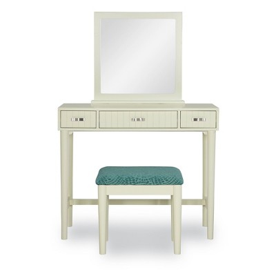 Cream Wood Vanity Set with Green Upholstered Stool and Mirror