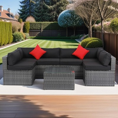 ELJGET Patio Furniture Set Outdoor Wicker Conversation Sets All Weather PE Rattan Sectional Sofa Set with Cushions & Coffee Table