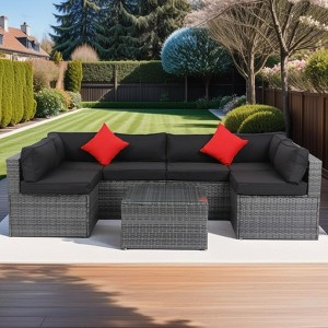 ELJGET Patio Furniture Set Outdoor Wicker Conversation Sets All Weather PE Rattan Sectional Sofa Set with Cushions & Coffee Table - 1 of 4