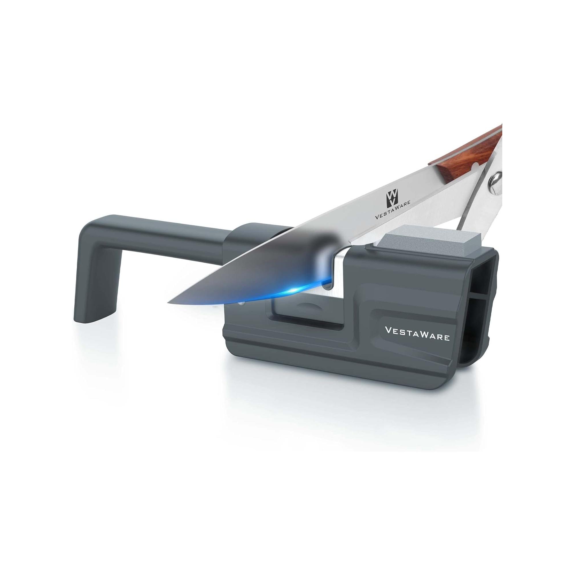 3-in-1 Knife Sharpeners - Foldable Handle, Gray - Blade and Scissor Sharpening Tool with Sharpener Stone