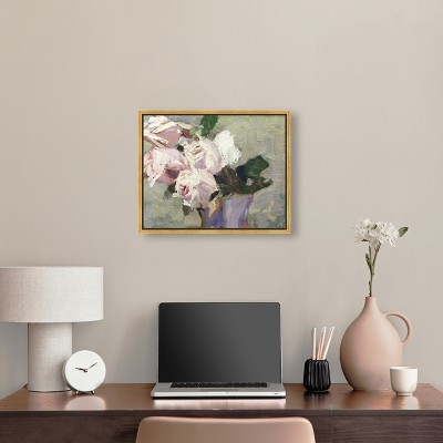 Vintage Roses Oil Painting on Canvas with Gold Frame, 20" x 16"