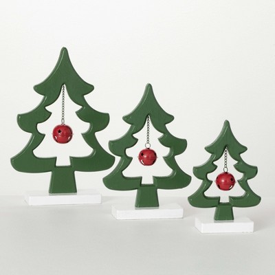 8.5"H 11"H & 13.25"H Sullivans Christmas Tree With Bell Silhouette Set of 3 Green-Red Indoor Christmas Decor