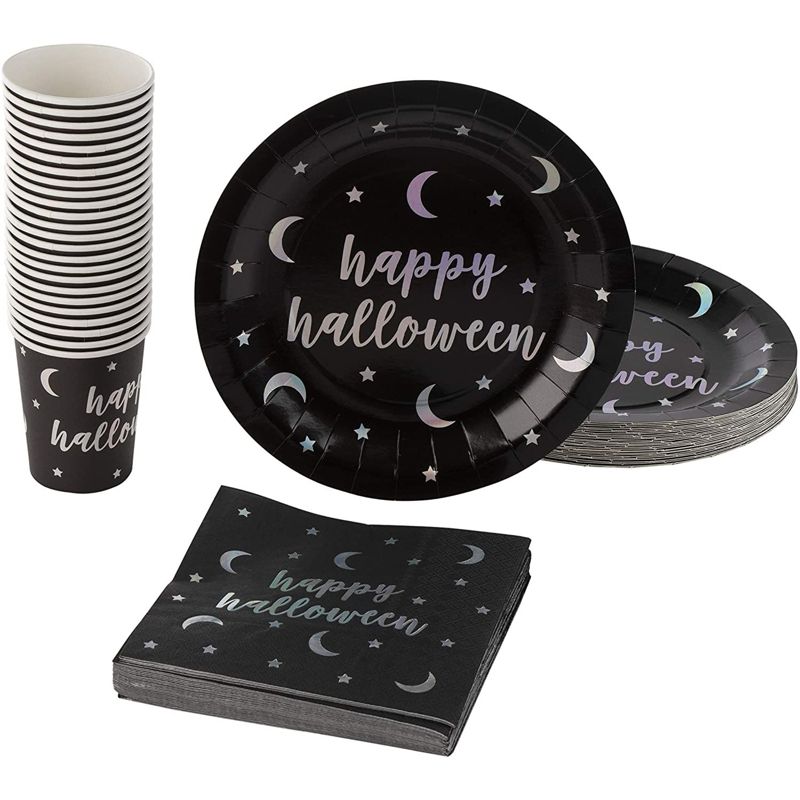 Blue Panda 72 Piece Halloween Party Supplies Plates, Napkins, and Cups with Holographic Silver Print Dinnerware, Serves 24, Black, 1 of 8