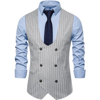 Lars Amadeus Men's Slim Fit Double Breasted Formal Striped Waistcoat