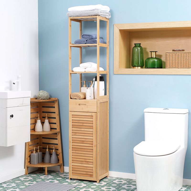 kleankin Tall Bathroom Cabinet with Drawer and Slatted Shelves, Slim Bamboo Linen Tower with Louvered Door, Natural, 3 of 8