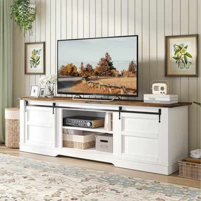 AOXUN 66" Farmhouse TV Stand with Sliding Barn Door and Storage Cabinets, Metal Media TV Console with Set of Shelf for TVs up to 75", White