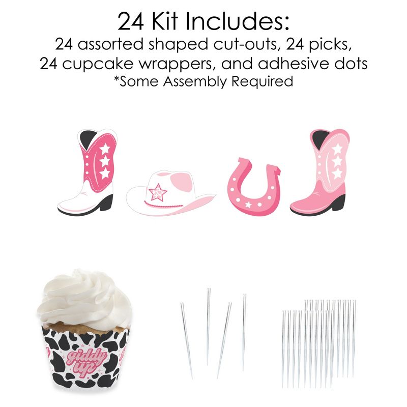 Big Dot of Happiness Rodeo Cowgirl - Cupcake Decoration - Pink Western Party Cupcake Wrappers and Treat Picks Kit - Set of 24, 3 of 9