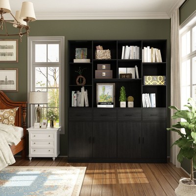 FUFU&GAGA Black Wood 15-Shelves Standard Bookshelfwith Adjustable Shelves
