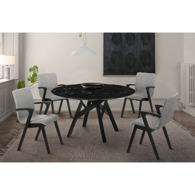 Mid-Century Modern 54" Black Marble & Wood Round Dining Table