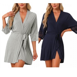 INSPIRE CHIC Women's 2 Pcs Lightweight Knit Cotton Short Robe Sleepwear with Pockets - 1 of 4