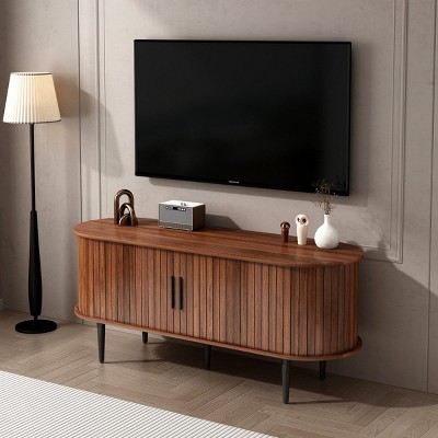 Modern MDF Storage TV Stand with Sliding Door,Mid Century TV Console Table for Living Room,Walnut TV Stand Cabinet with Fluted Design-Coolbibila