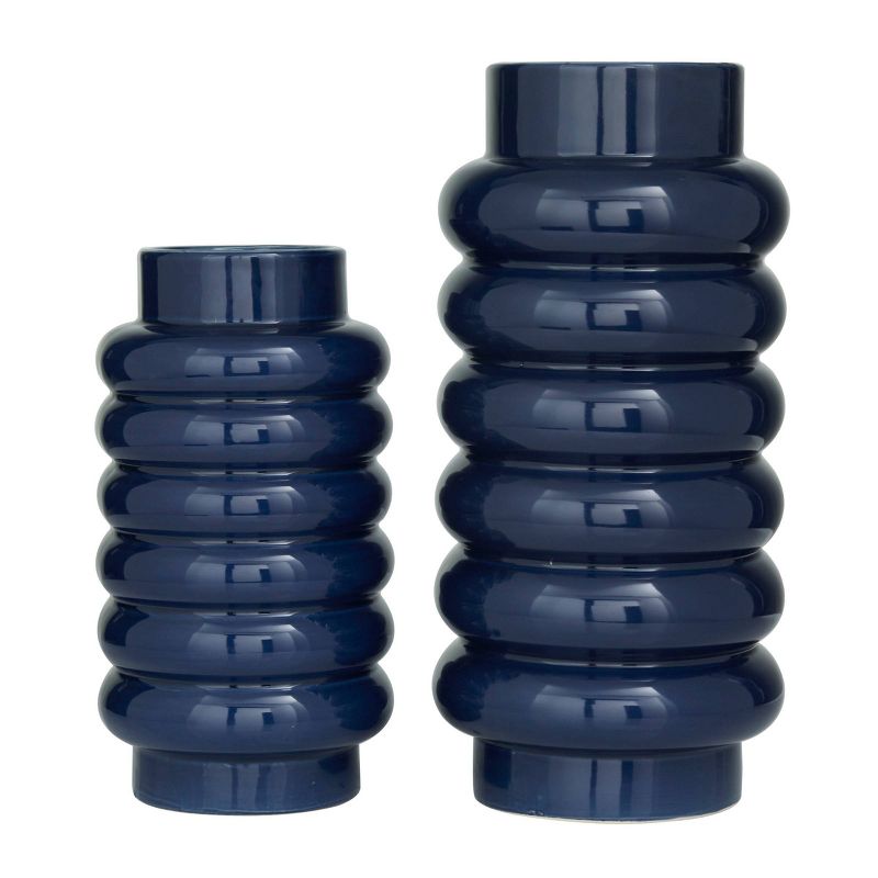 Set of 2 Ceramic Vase with Stacked Ring Design Dark Blue &#8211; CosmoLiving by Cosmopolitan, 5 of 7