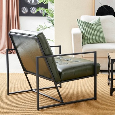 Hunter Green Faux Leather Button-Tufted Accent Chair with Metal Frame