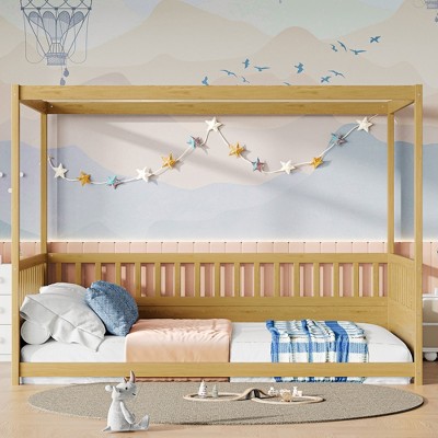 VYNXARIA Full Size Canopy Bed Frame with Guardrails