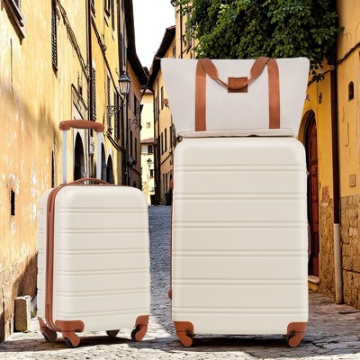 FURNIinspire Bag And Luggage Sets Suitcase Set Spinner Suitcases With TSA Lock And Tote Bag, 3 Piece Luggage Sets, White and Brown, 20" 28"
