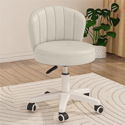 RISOKEYS PU Leather Small Scallop Desk Chair with Back,Cute Armless Rolling Vanity Chair,Height Adjustable for Bedroom Office