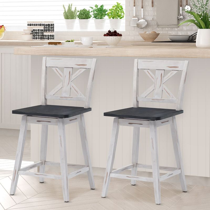 Costway Set of 2 Bar Stools Swivel Counter Height Chair w/ Solid Wood Legs White\Black, 2 of 9