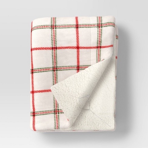 Plaid Printed Plush Throw Blanket Faux Shearling Reverse Ivory red green Threshold Target