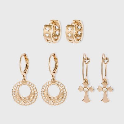 Shiny Gold Hoop Earring Set 3pc - Wild Fable™ Gold