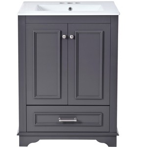 Vynxaria Compact Blue Grey 24 in Two Door One Drawer Bathroom Cabinet Three Adjustable Shelves Soft Close Hinges - 1 of 4