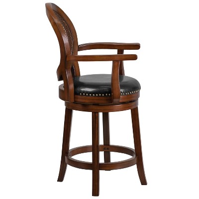 Espresso Wood Counter Stool with Black Leather Swivel Seat