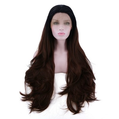 Unique Bargains Women's Long Natural Curly Lace Front Wigs with Wig Cap 24" Black Gradient Dark Brown 1PC