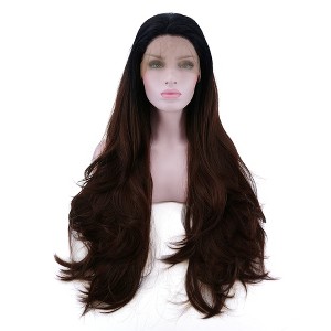 Unique Bargains Women's Long Natural Curly Lace Front Wigs with Wig Cap 24" Black Gradient Dark Brown 1PC - 1 of 4