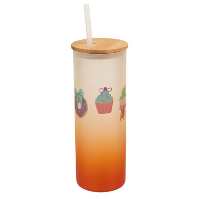 Elanze Designs 25 Ounce Frosted Glass Gradient Travel Tumbler With Straw and Wooden Lid, Pastel Dessert Orange