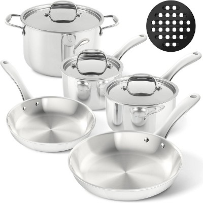 BRINJOY 9-Piece Tri-Ply Stainless Steel Cookware Set - Fully Clad Induction Compatible Pots & Pans with Glass Lids