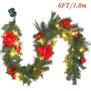 Christmas Garland for Mantle, 6Ft Battery Operated Prelit Garland with 20 LED Lights, Flowers & Ball Ornaments for Fireplace, Stair Railing - 1 of 4