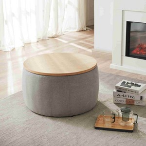 Racxily Storage Ottoman - Round, 2-in-1 End Table/Ottoman, Eucalyptus Frame, MDF/Oak Top, No Assembly, 250Lbs Capacity, Home Accent,Navy - 1 of 4