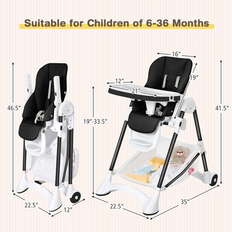 Babyjoy Convertible Folding Adjustable High Chair with Wheel Tray Storage Basket Grey/Beige/Black, 5 of 10