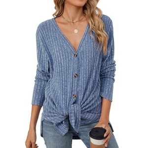 Womens V Neck Sweater Cardigan Button Front Twist Detail Long Sleeve Cardigan - 1 of 4