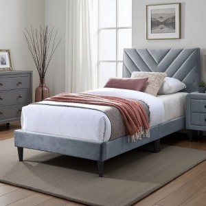 Royal Hampton Twin Size Bed, Tufted Gray Velvet Upholstery, Chevron Stitch - 1 of 4