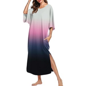 Ekouaer Women's Nightgown Short Sleeve Sleepshirt Long Loungewear Casual Maxi Lounge Dress House Dresses with Pockets - 1 of 4