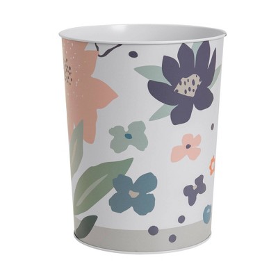 White Floral Metal Wastebasket for Kids' Bathroom
