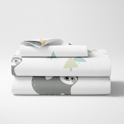 Gray and Aqua Sloth Print Twin Microfiber Sheet Set