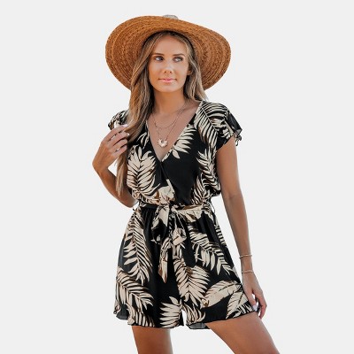 Women's Tropical Leaf Print Wrap Style Ruffled Sleeve Romper - Cupshe
