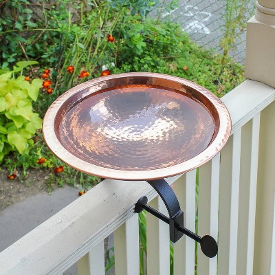 Hammered Copper Birdbath with Black Wrought Iron Rail Bracket