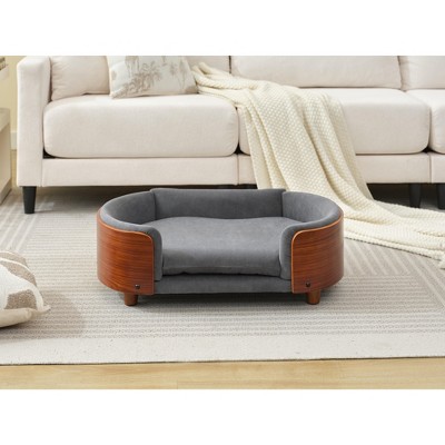 Lirago 30.7" W x 20.08" D x 9.85" H Elevated Dog Bed Pet Sofa Solid Wood Legs Dark Gray Velvet with Removable Bolster Washable Mid Size