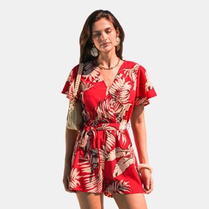 Women's Tropical Vibes Red Leaf Print Romper - Cupshe - 1 of 4