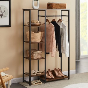 VECELO Open Garment Clothing Rack, Heavy Duty Free-Standing Storage Closet with 5 Shelves & Hanging Rod for Small Spaces, Oak/White - 1 of 4